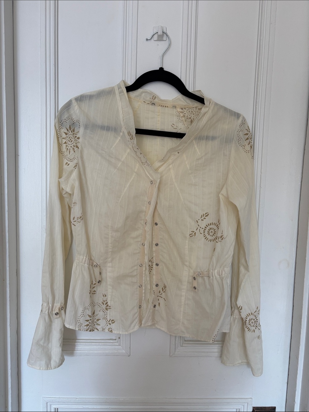 Boho Cream Sheer Button Down Top • Floral Eyelet Embroidery